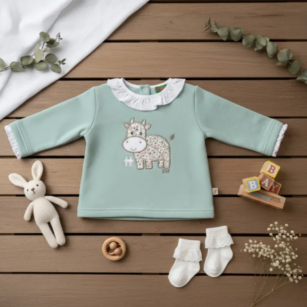 SUDADERA NIÑA VERDE MUSGO VACA CUELLO VOLANTE KIZ