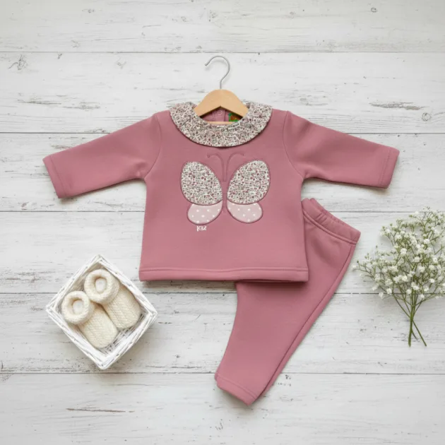 CHANDAL NIÑA ROSA EMPOLVADO MARIPOSA CUELLO VOLANTE TELA KIZ