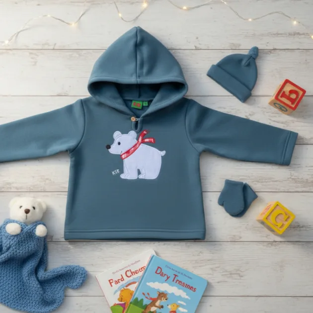 SUDADERA NIÑO AZUL PETRÓLEO OSO POLAR CAPUCHA KIZ