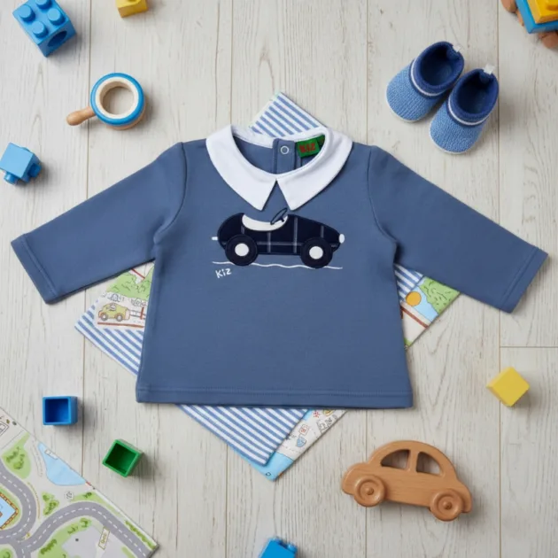 SUDADERA NIÑO AZUL HUMO COCHE CUELLO BEBÉ BLANCO KIZ