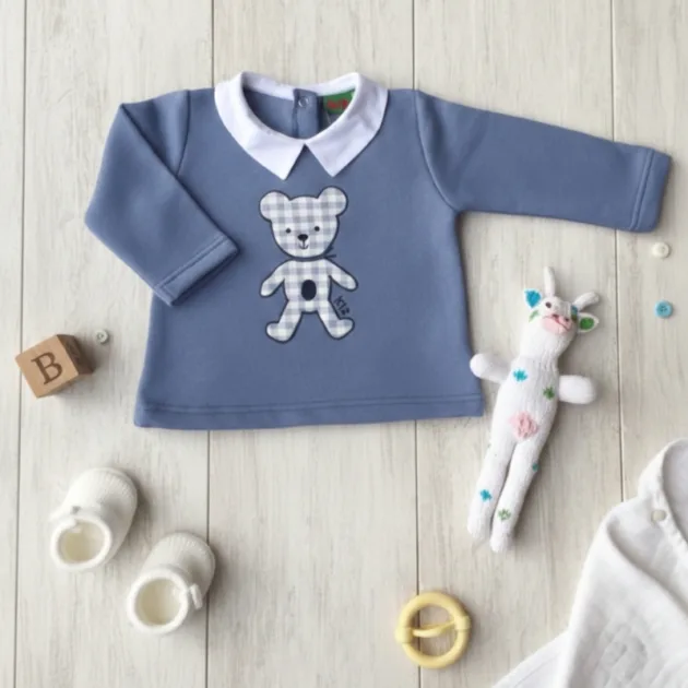SUDADERA NIÑO AZUL HUMO OSO CUELLO BEBÉ BLANCO KIZ