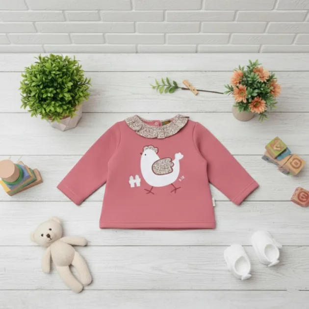 SUDADERA NIÑA ROSA TOSCANA GALLINA CUELLO VOLANTE TELA KIZ