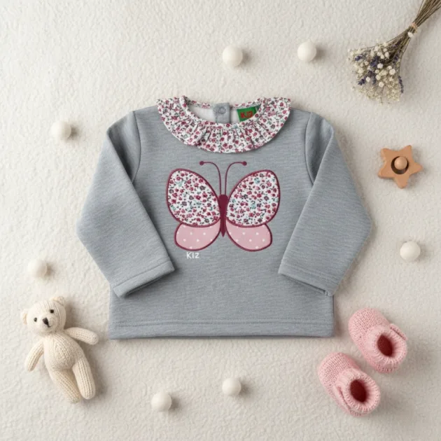 SUDADERA NIÑA GRIS MARIPOSA CUELLO VOLANTE TELA KIZ