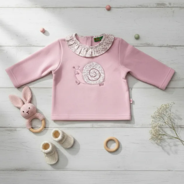 SUDADERA NIÑA ROSA BEBÉ CARACOL CUELLO VOLANTE TELA KIZ