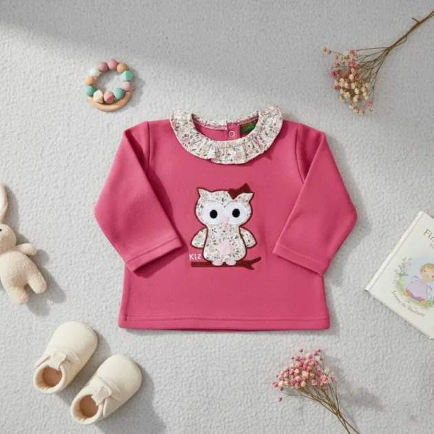 SUDADERA NIÑA FRAMBUESA BÚHO CUELLO VOLANTE TELA KIZ