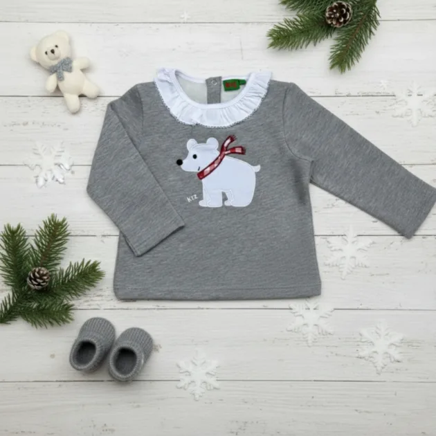SUDADERA NIÑA GRIS OSO POLAR CUELLO VOLANTE KIZ