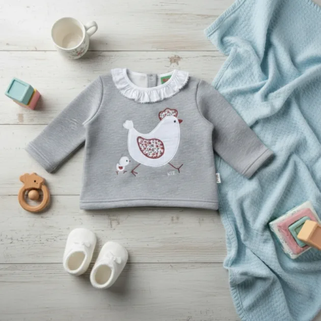 SUDADERA NIÑA GRIS GALLINA FLORES CUELLO VOLANTE KIZ