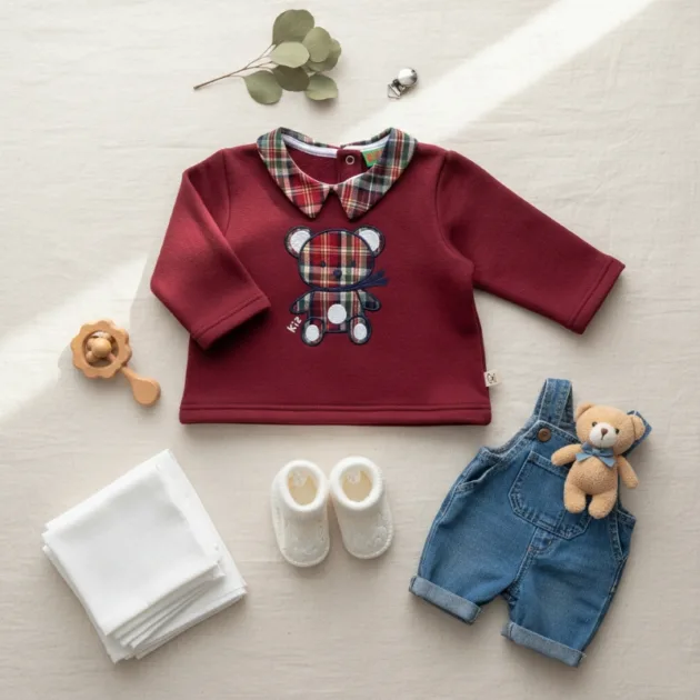 SUDADERA NIÑO GRANATE OSO CUELLO BEBÉ TELA KIZ