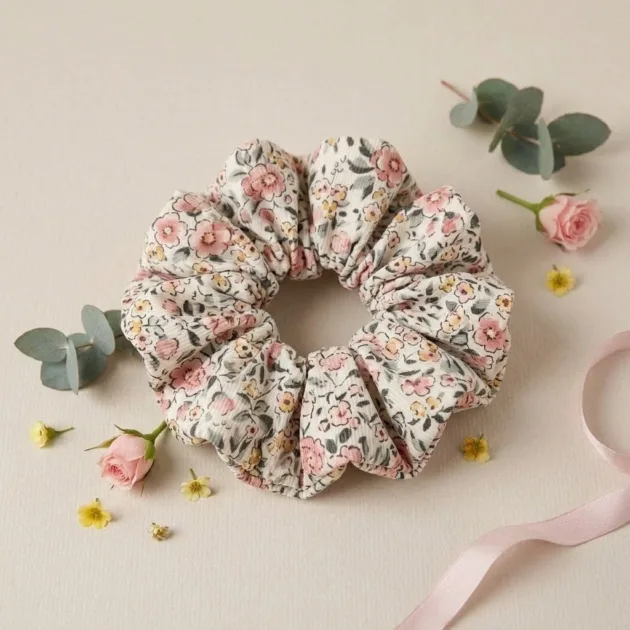 SCRUNCHIE FLORES ROSAS Y GRISES